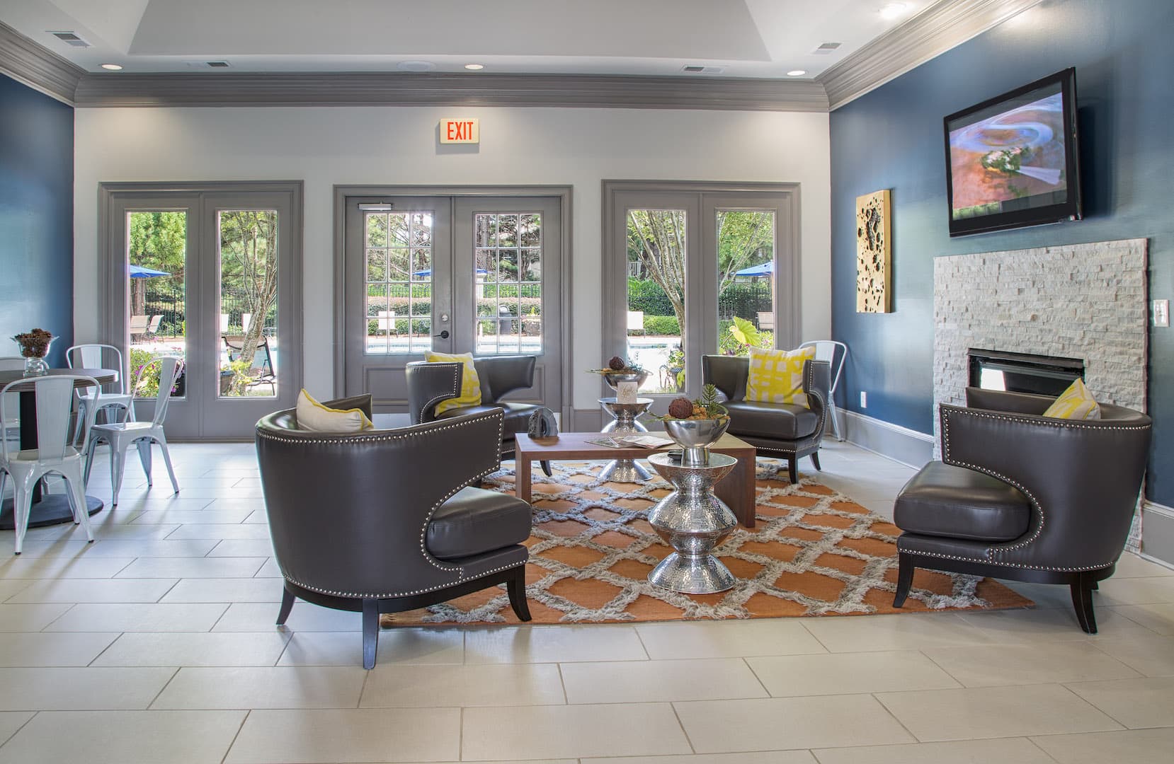 Leasing center waiting area, overlooking pool