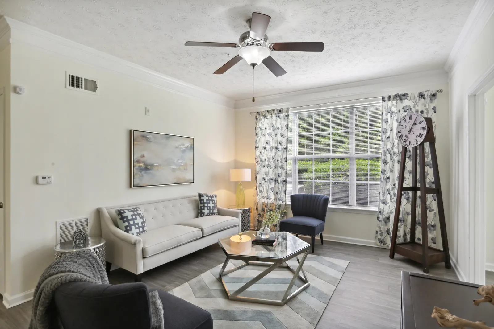 Living room with wood-like flooring